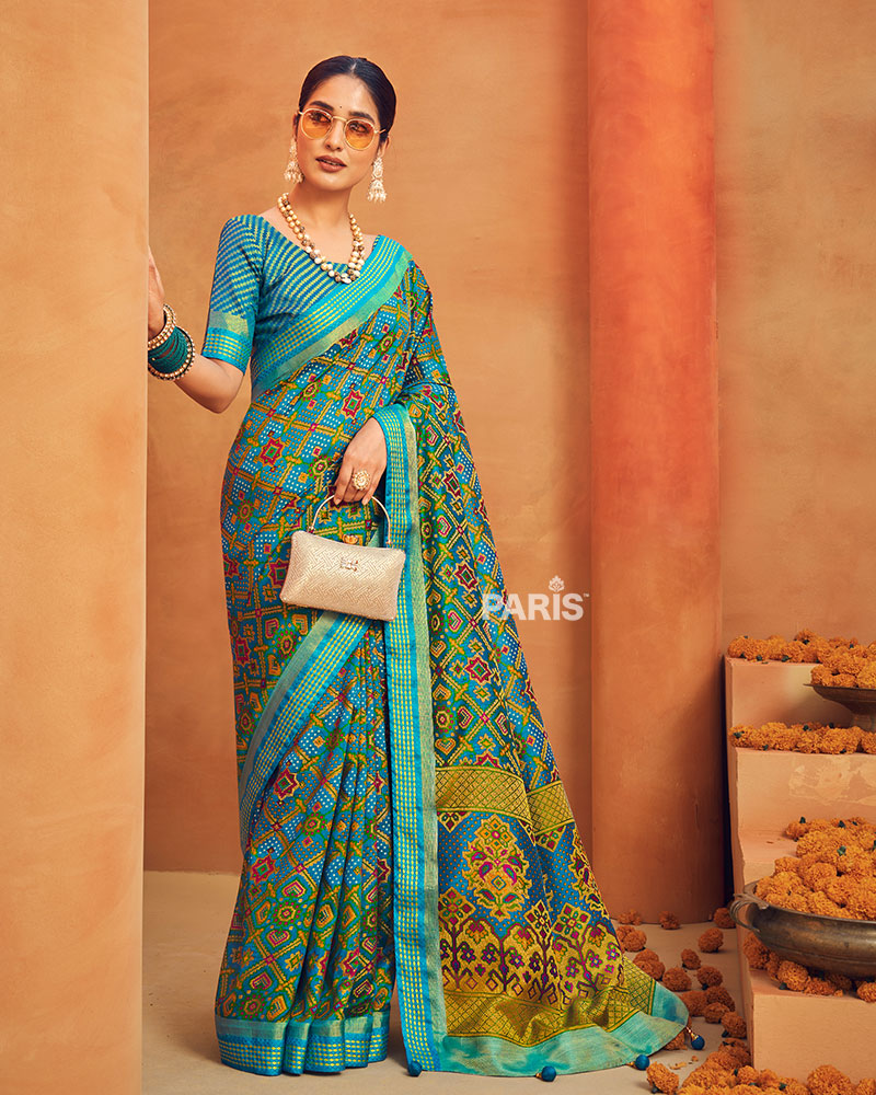 Green Printed Georgette Saree with Golden Border