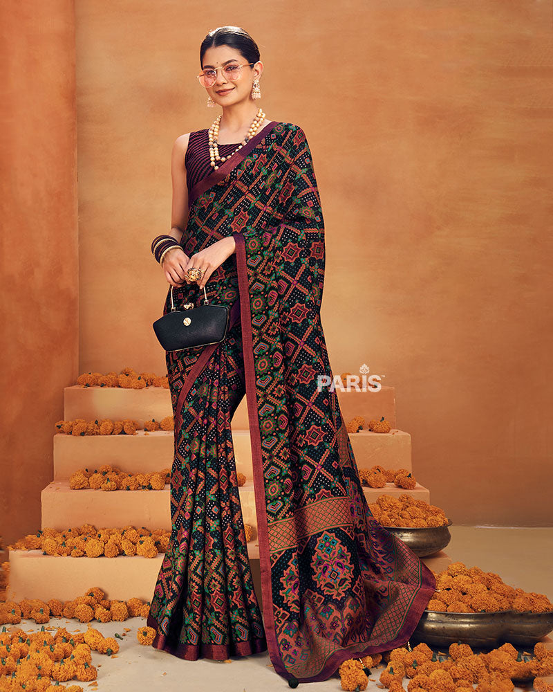 Maroon & Black Printed Georgette Saree for Festive Wear