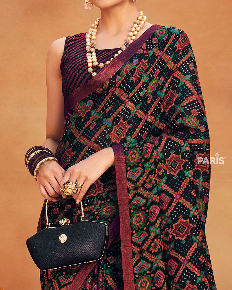 Maroon & Black Printed Georgette Saree for Festive Wear