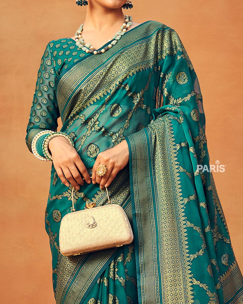 Peacock Blue Printed Georgette Saree with Golden Border