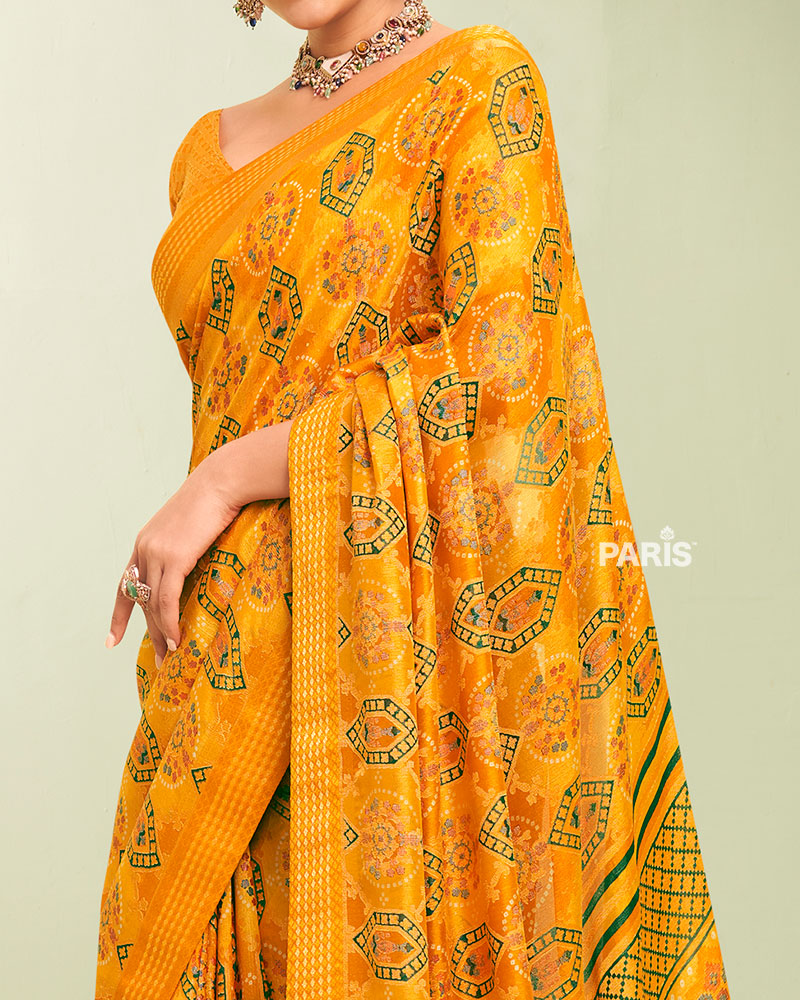 Yellow Floral Pattern Georgette Saree with Unstitched Blouse