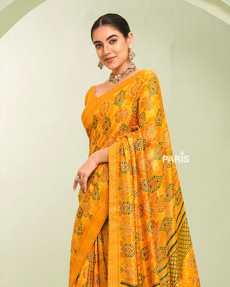 Yellow Floral Pattern Georgette Saree with Unstitched Blouse