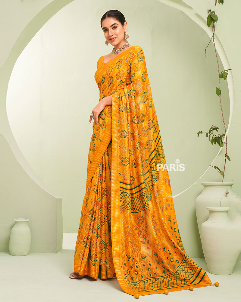 Yellow Floral Pattern Georgette Saree with Unstitched Blouse