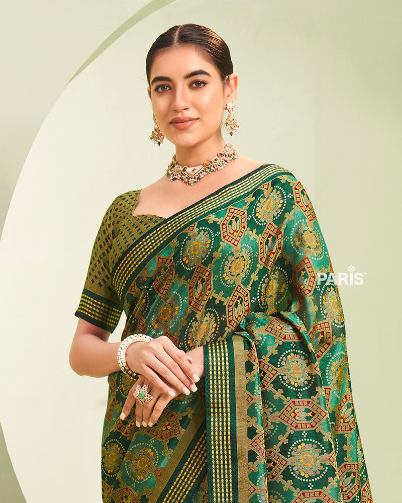 Teal and Green Floral Pattern Georgette Saree with Unstitched Blouse