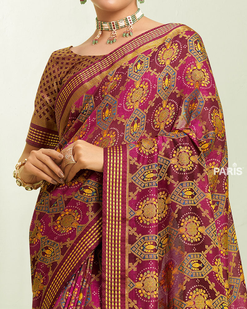 Maroon and Pink Floral Pattern Georgette Saree with Unstitched Blouse