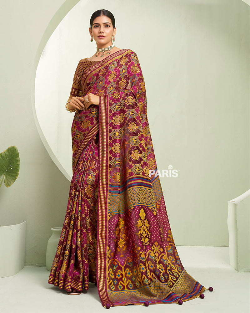 Maroon and Pink Floral Pattern Georgette Saree with Unstitched Blouse