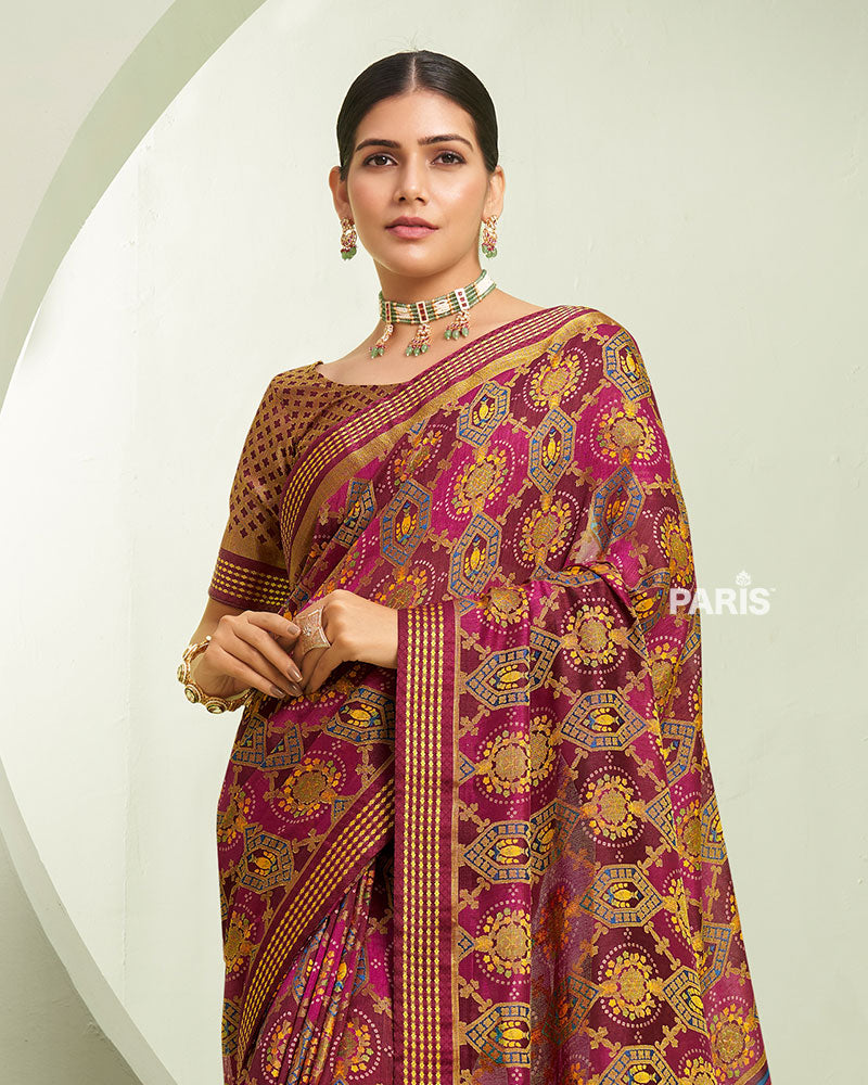 Maroon and Pink Floral Pattern Georgette Saree with Unstitched Blouse