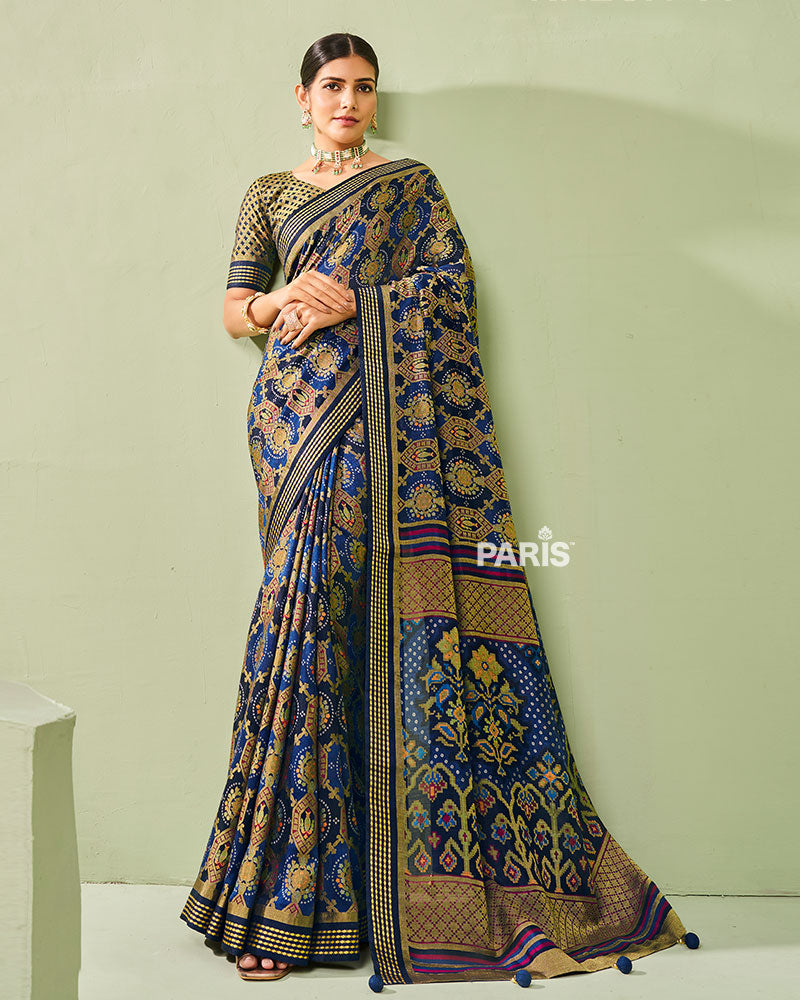 Blue and Golden Floral-Pattern Georgette Saree with Unstitched Blouse