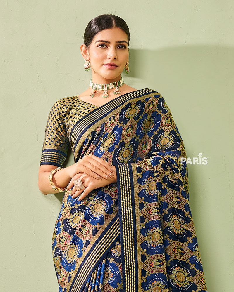 Blue and Golden Floral-Pattern Georgette Saree with Unstitched Blouse