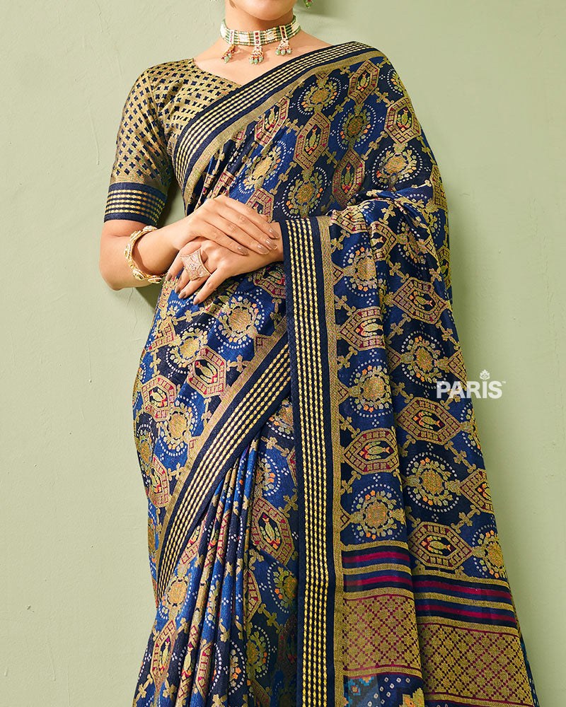 Blue and Golden Floral-Pattern Georgette Saree with Unstitched Blouse