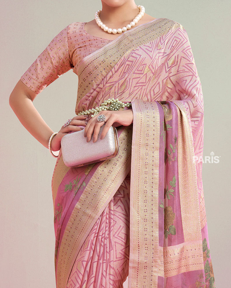Blush Pink Printed Saree with Unstitched Blouse