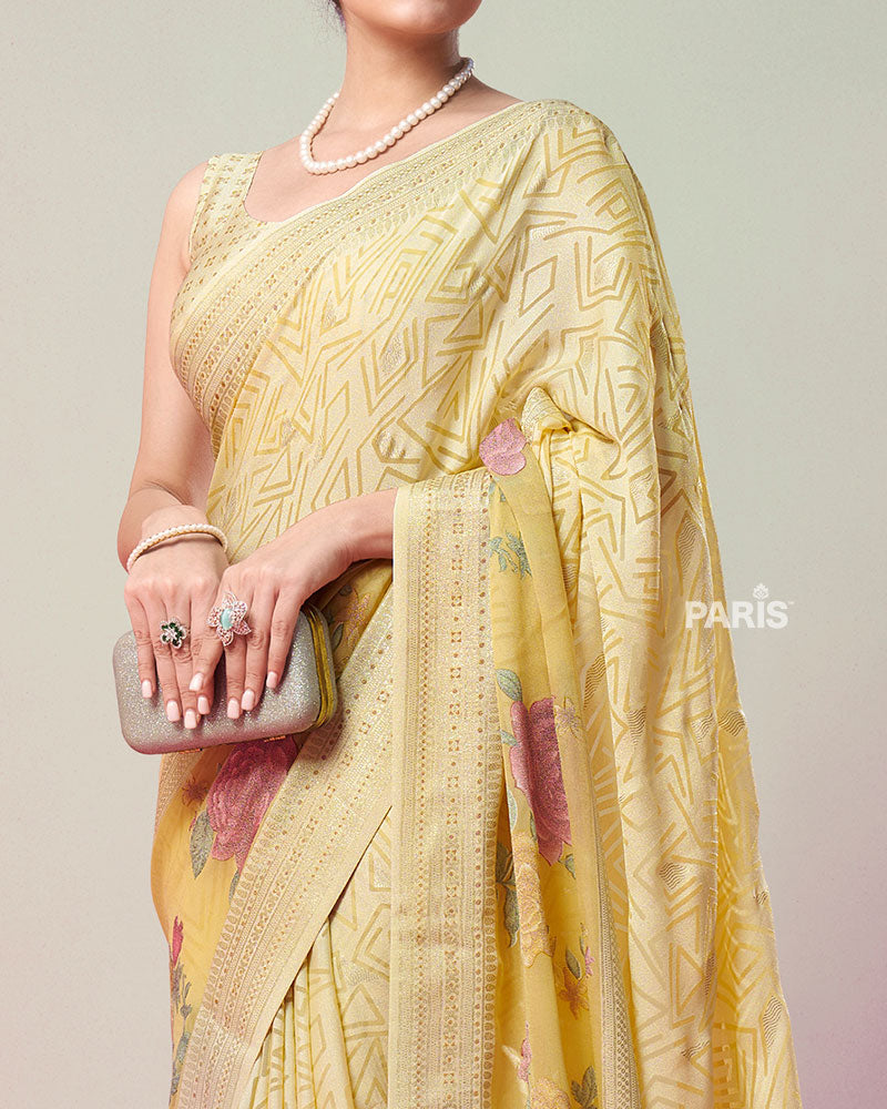 Light Yellow Printed Saree with Unstitched Blouse