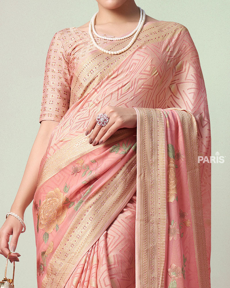 Peach Printed Saree with Unstitched Blouse