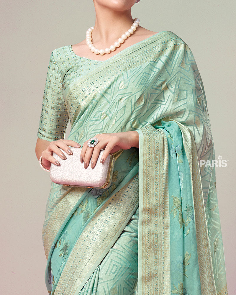 Mint Green Printed Saree with Unstitched Blouse