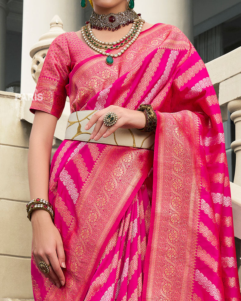 Hot Pink Banarasi Silk Saree with Golden Zari Motifs