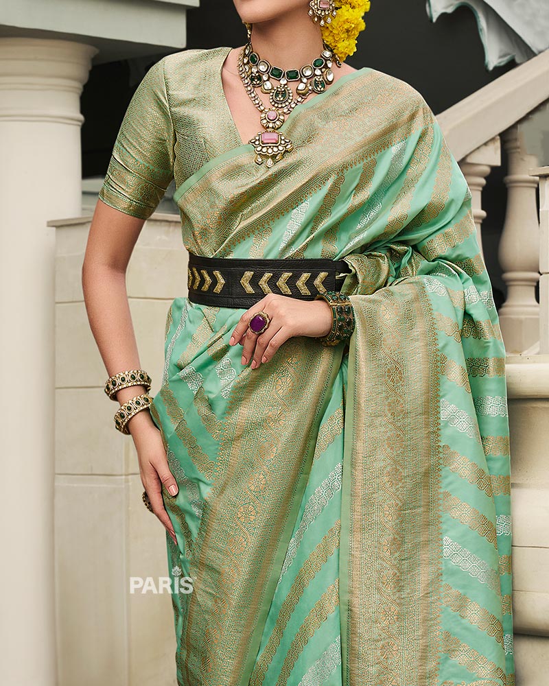 Mint Green Banarasi Silk Saree with Zari Stripes