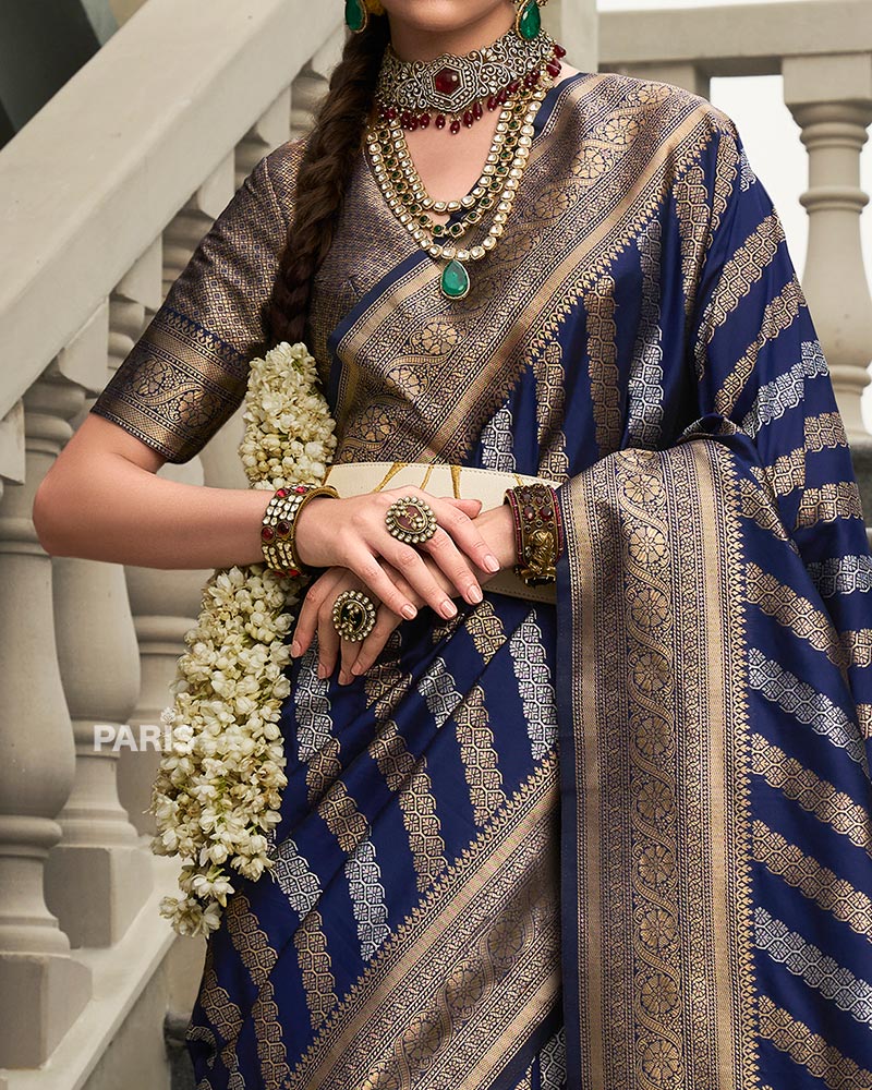 Navy Blue Banarasi Silk Saree with Intricate Zari Work