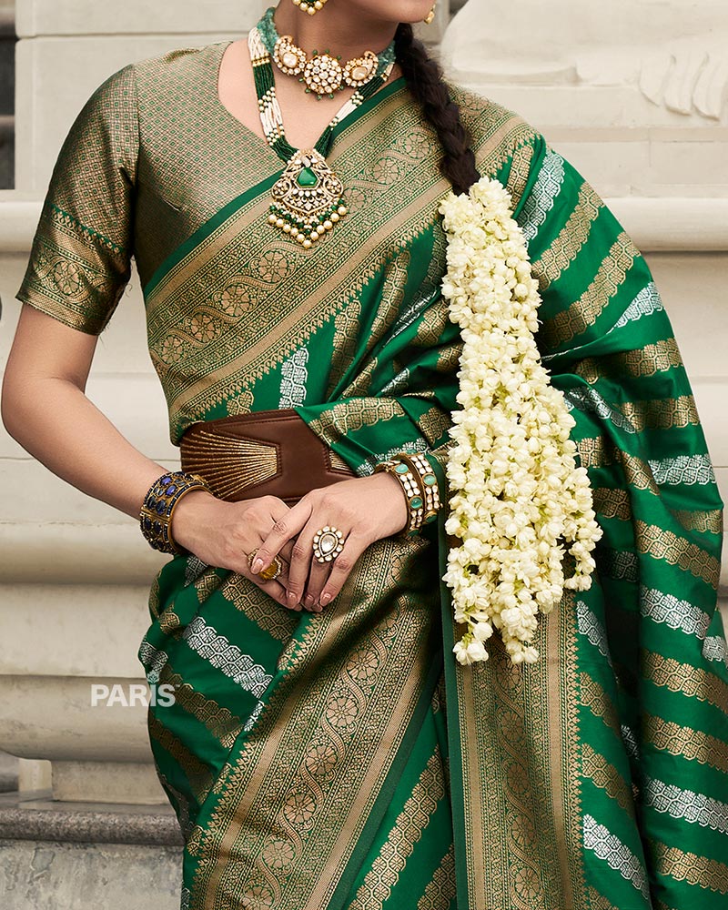 Green Banarasi Silk Saree with Gold Zari Border