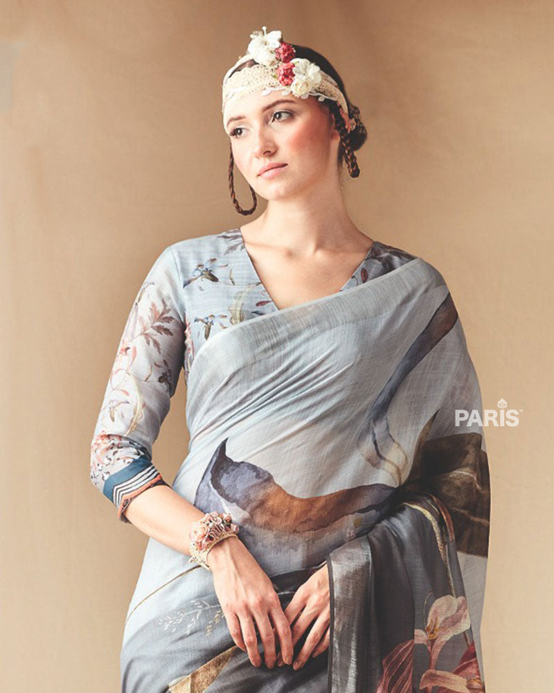 Smoky Grey Abstract Printed Saree with Unstitched Blouse