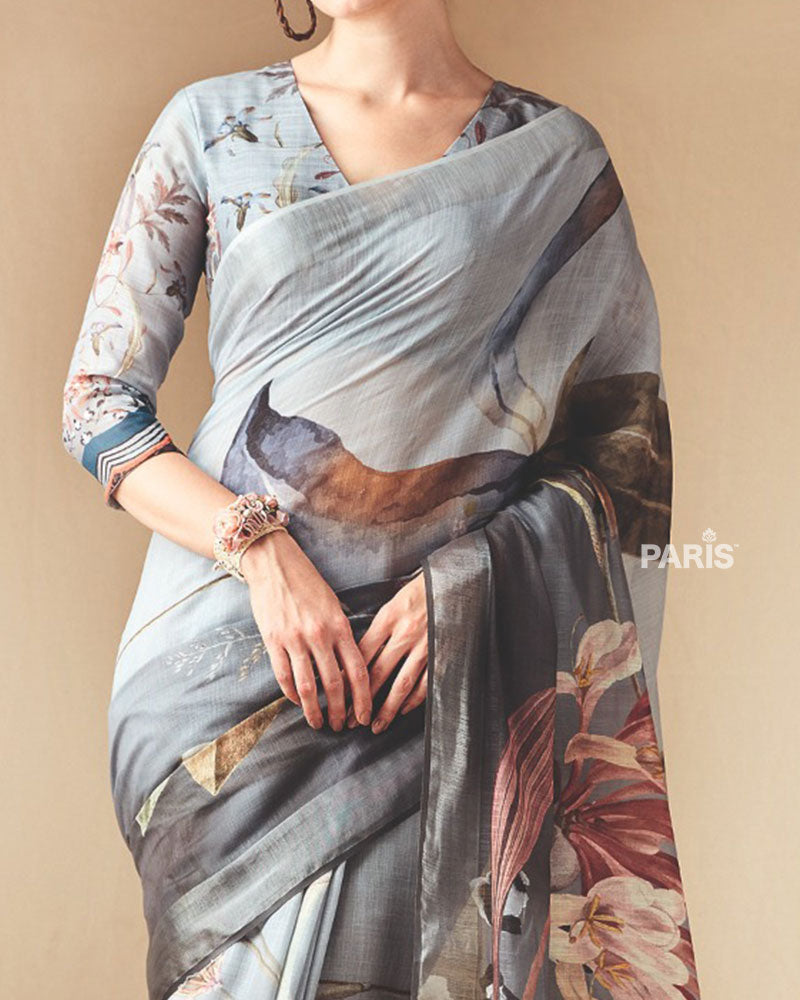 Smoky Grey Abstract Printed Saree with Unstitched Blouse