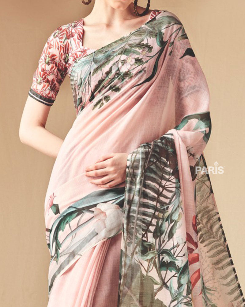 Blush Pink Abstract Printed Saree with Unstitched Blouse