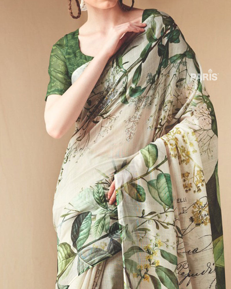 Cream and Green Floral Printed Saree with Unstitched Blouse