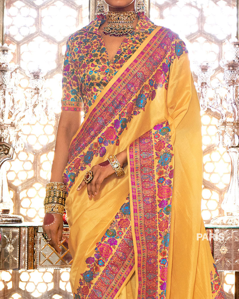 Yellow Floral Pashmina Silk Saree – Festive Floral Print Saree