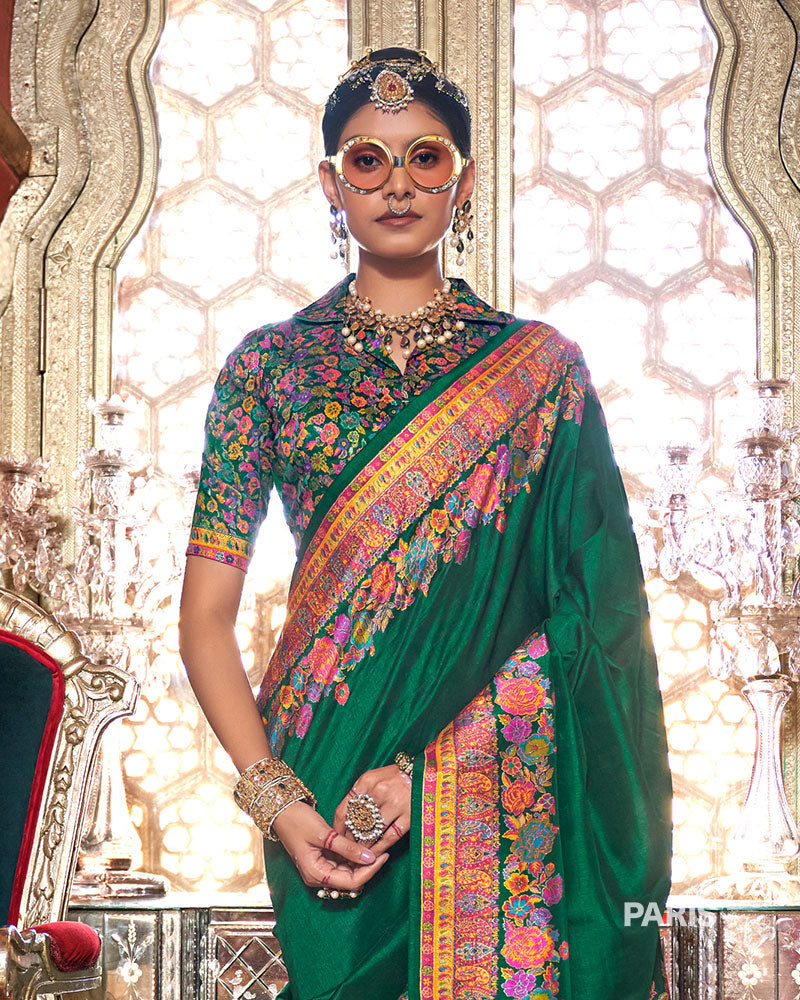 Green Floral Pashmina Silk Saree – Designer Floral Print Saree