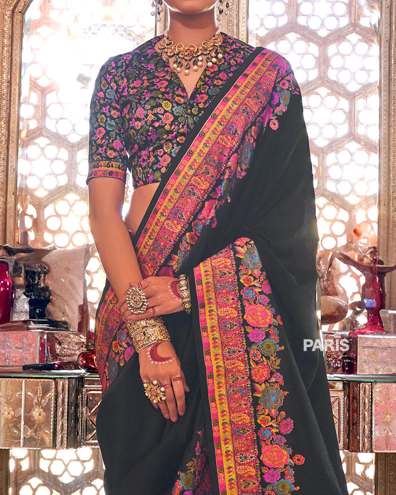 Black Floral Pashmina Silk Saree – Elegant Embroidered Saree