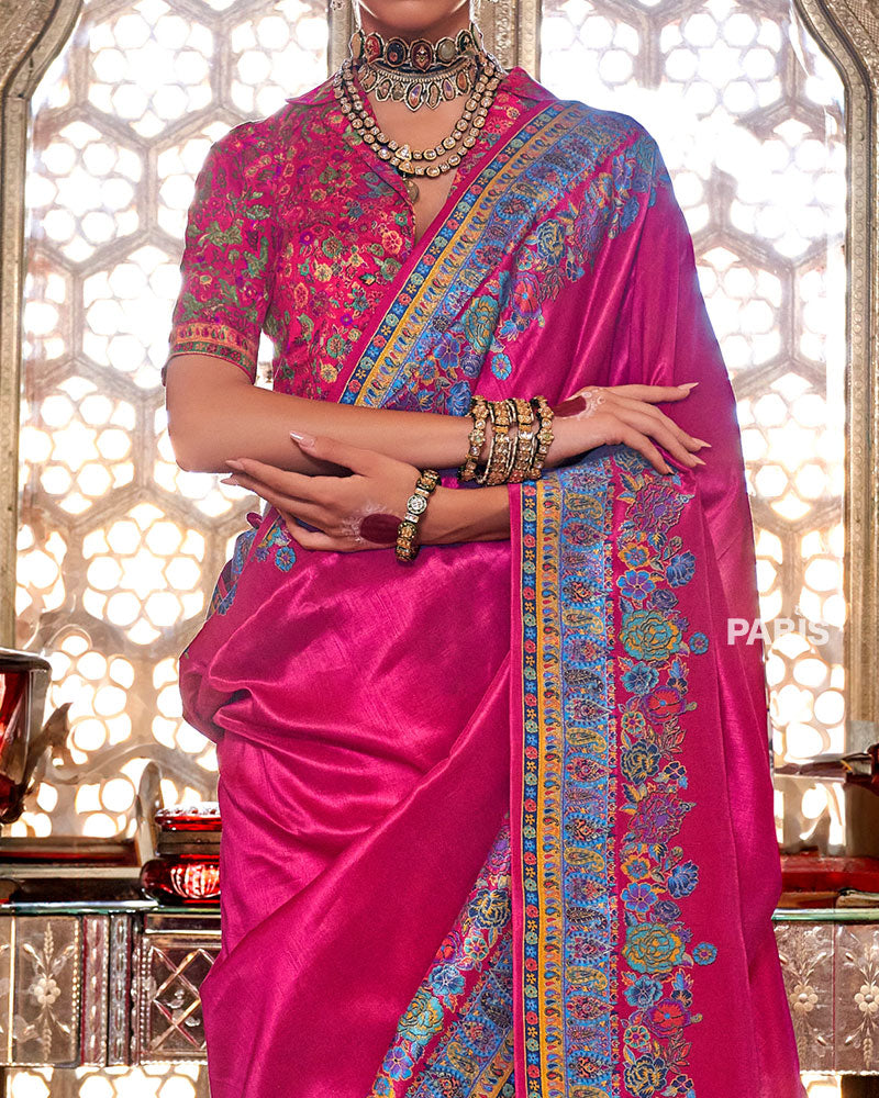 Hot Pink Floral Pashmina Silk Saree – Trendy Festive Saree