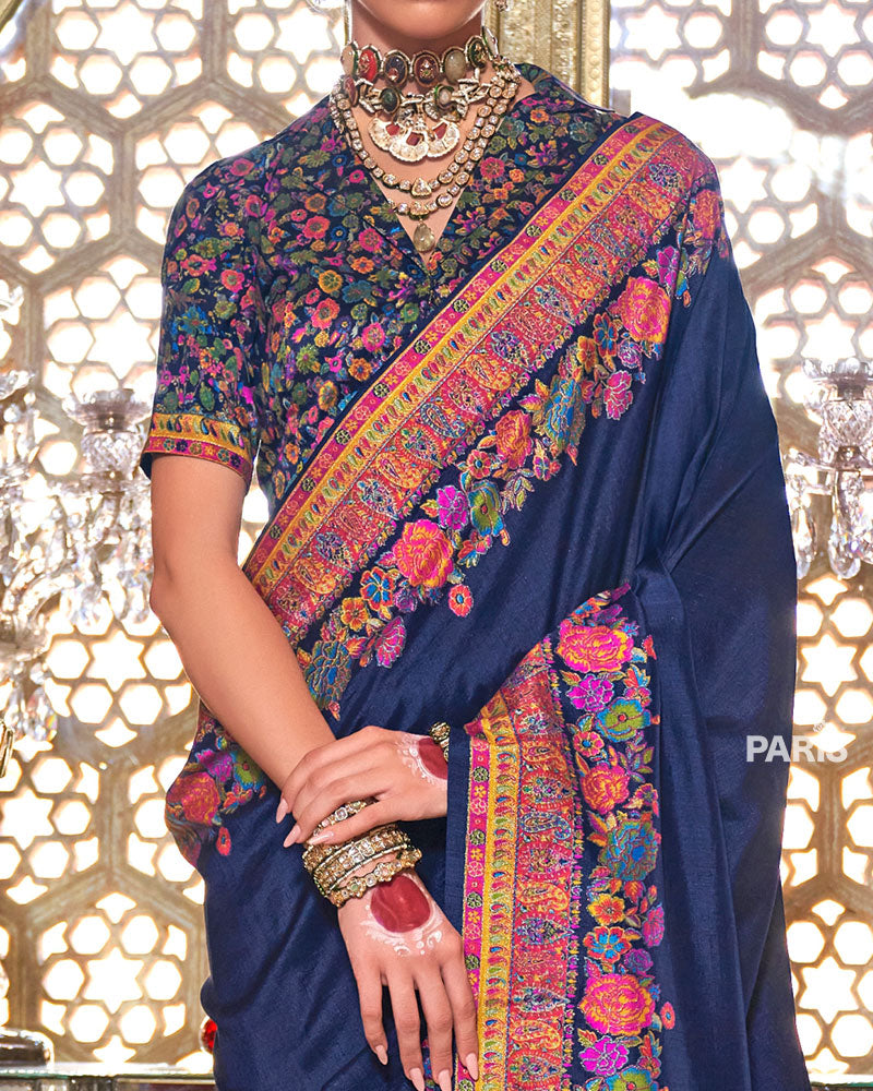 Navy Blue Floral Pashmina Silk Saree – Designer Embroidered Saree