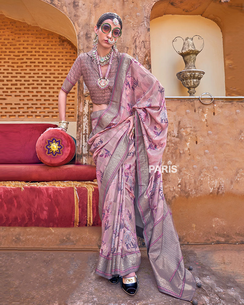 Old Pink Floral Printed Silk Saree with Unstitched Blouse