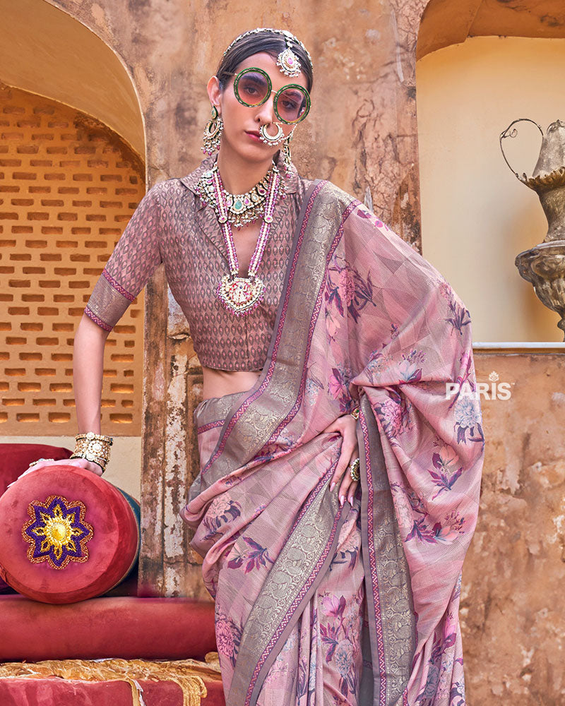 Old Pink Floral Printed Silk Saree with Unstitched Blouse