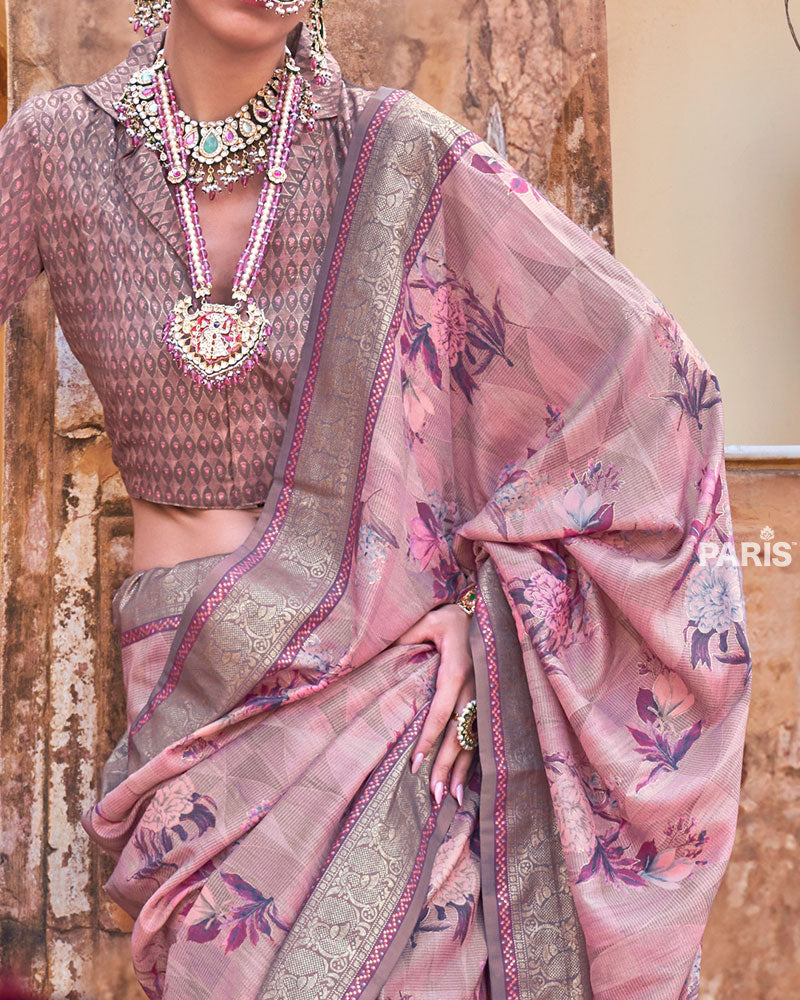Old Pink Floral Printed Silk Saree with Unstitched Blouse