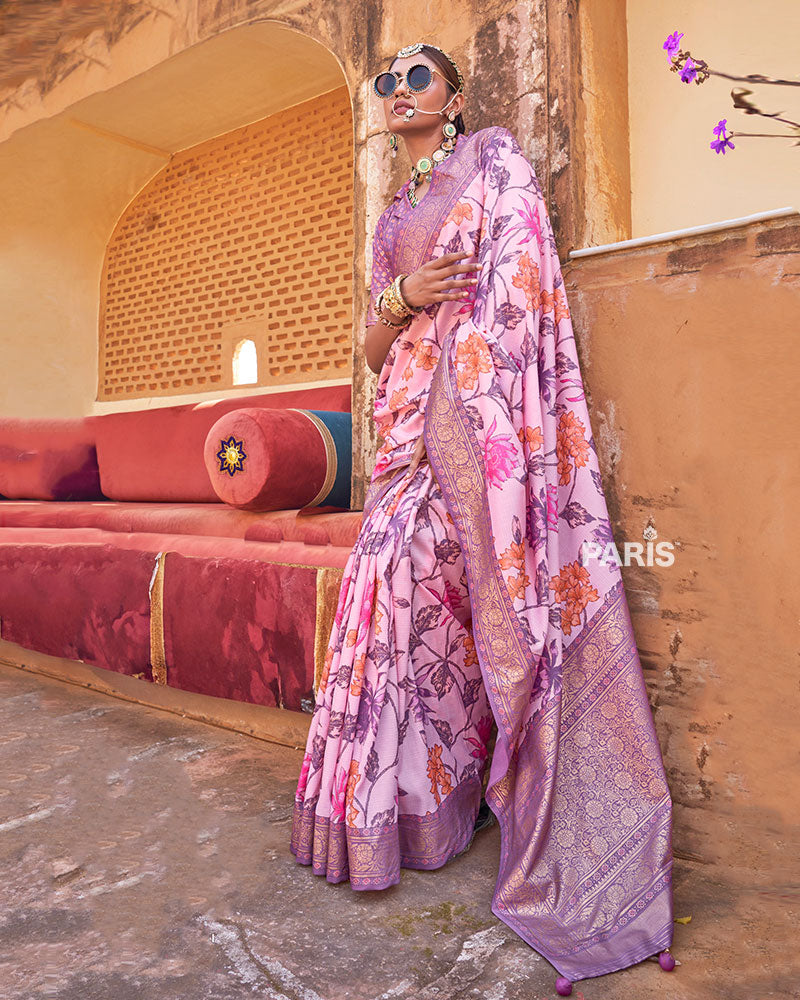 Light Pink Floral Printed Silk Saree with Unstitched Blouse