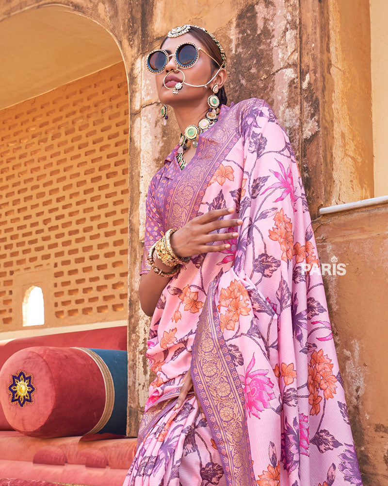 Light Pink Floral Printed Silk Saree with Unstitched Blouse