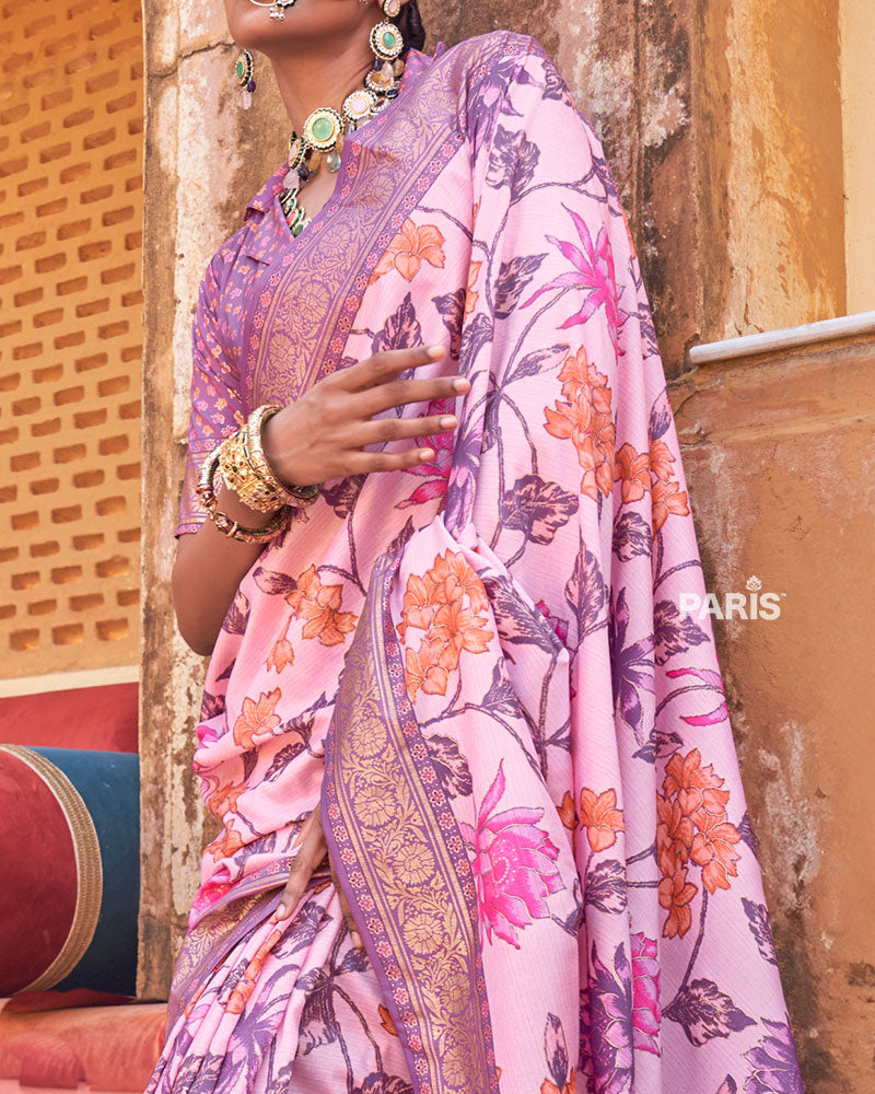 Light Pink Floral Printed Silk Saree with Unstitched Blouse