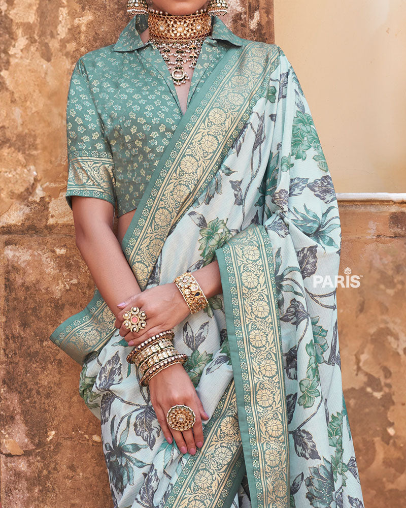 Irish Mint Floral Printed Silk Saree with Unstitched Blouse
