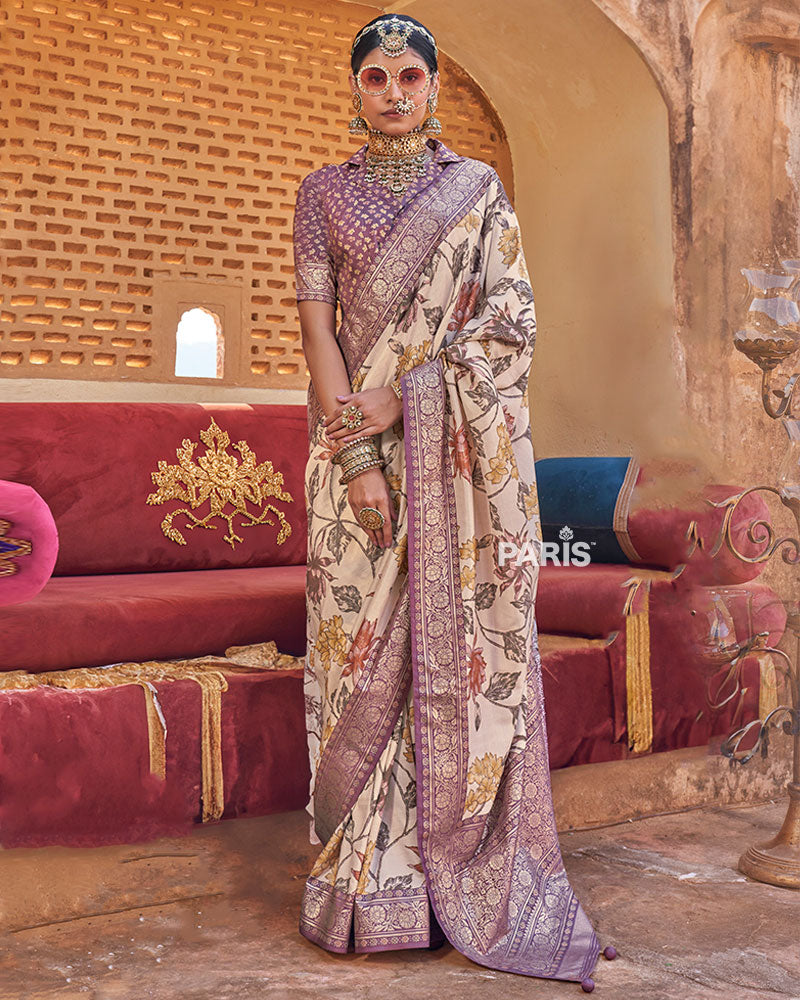 Cream Floral Printed Silk Saree with Unstitched Blouse