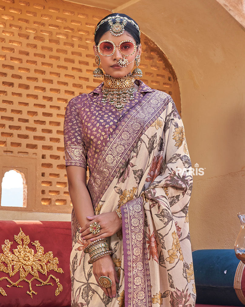 Cream Floral Printed Silk Saree with Unstitched Blouse
