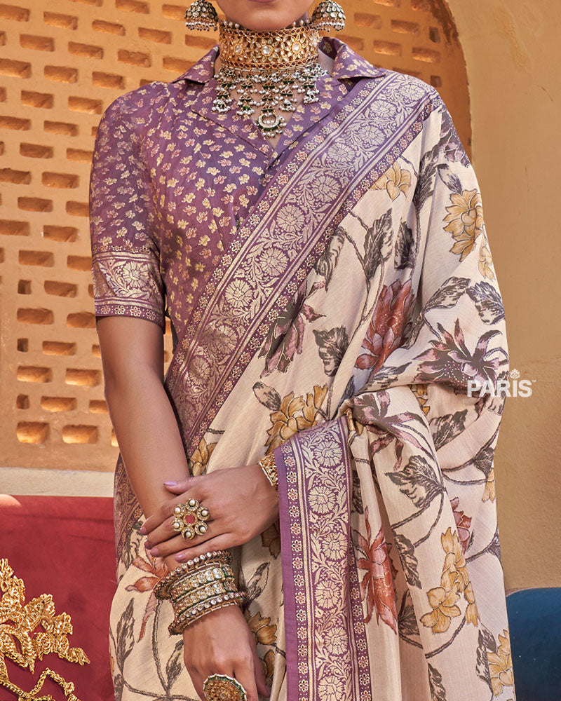 Cream Floral Printed Silk Saree with Unstitched Blouse