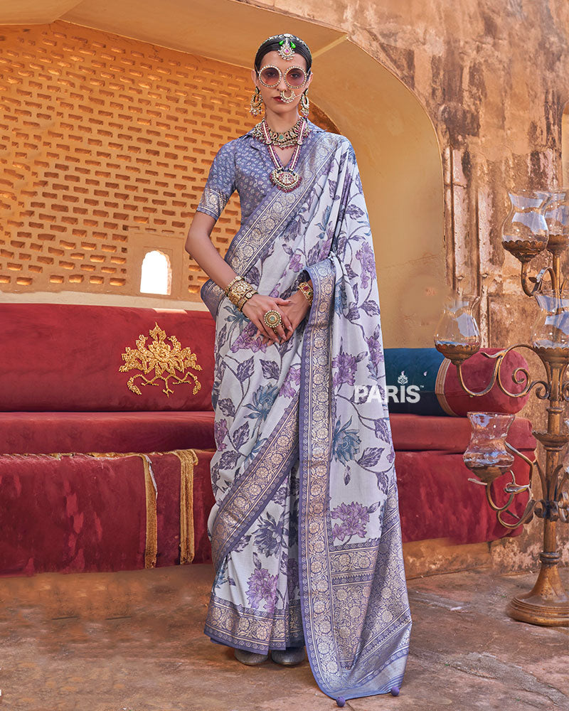 Lavender Floral Printed Silk Saree with Unstitched Blouse