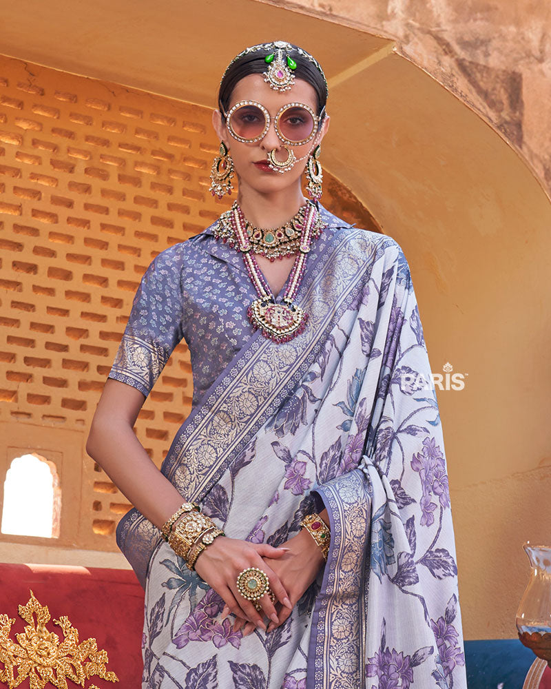Lavender Floral Printed Silk Saree with Unstitched Blouse