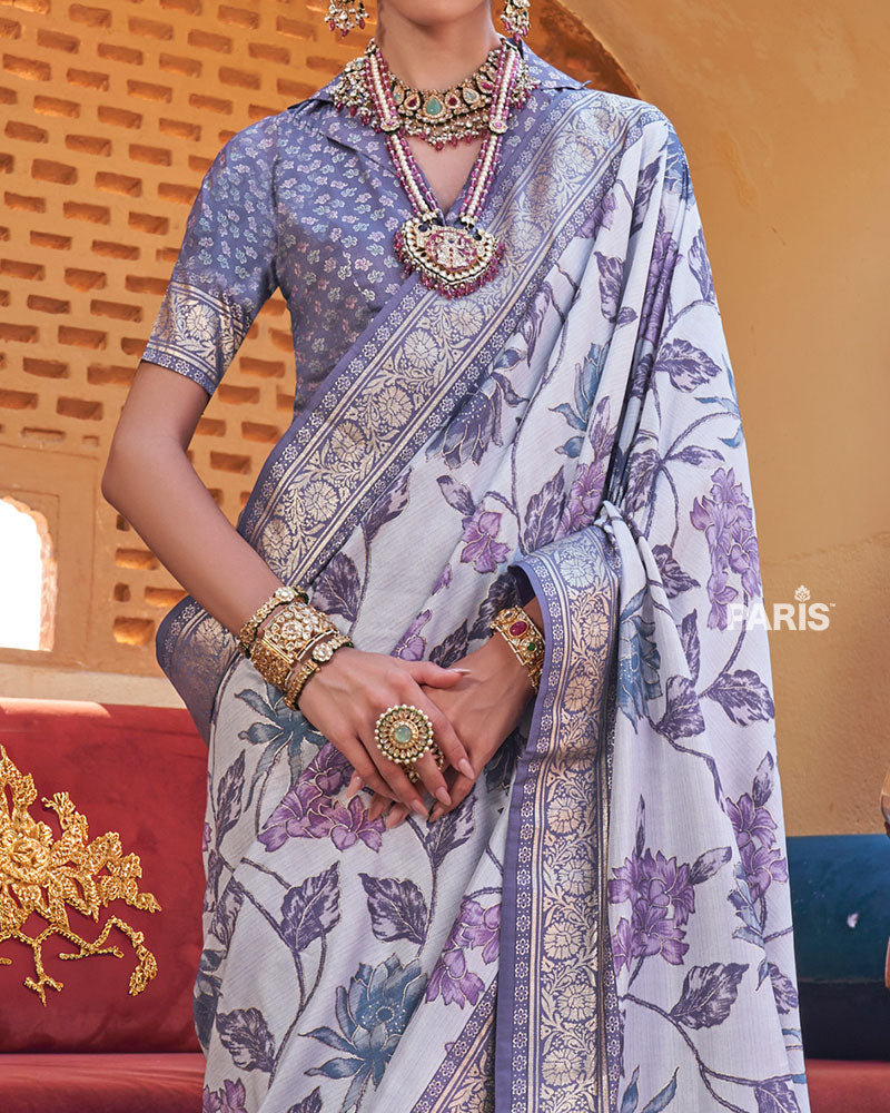 Lavender Floral Printed Silk Saree with Unstitched Blouse