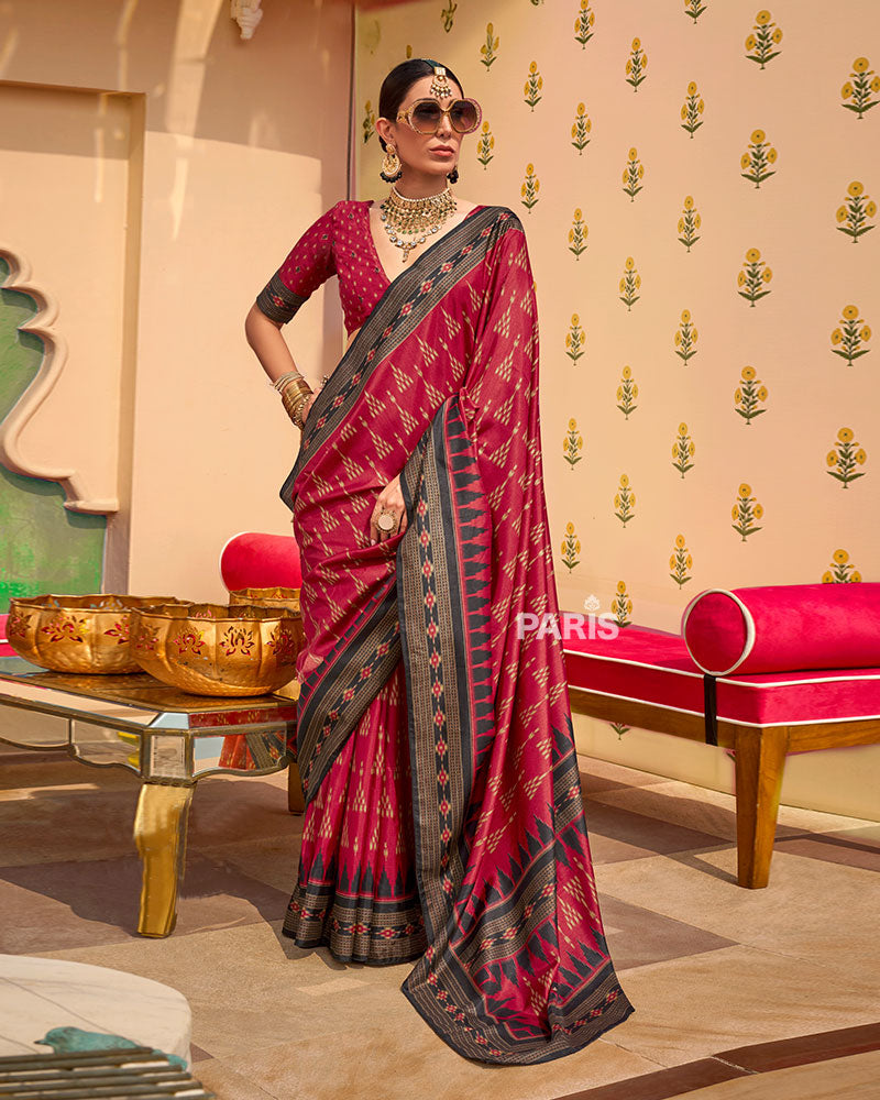 Teal Silk Saree with Magenta Ikat Border Trim