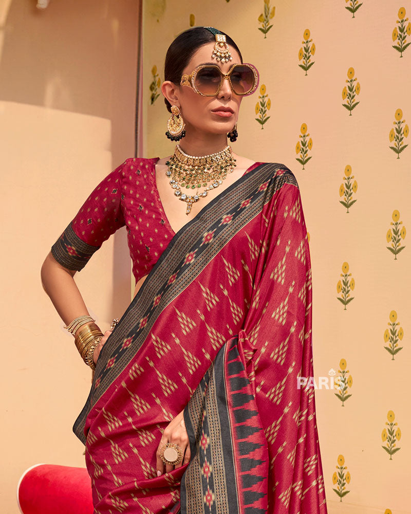 Teal Silk Saree with Magenta Ikat Border Trim