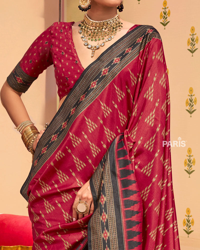 Teal Silk Saree with Magenta Ikat Border Trim
