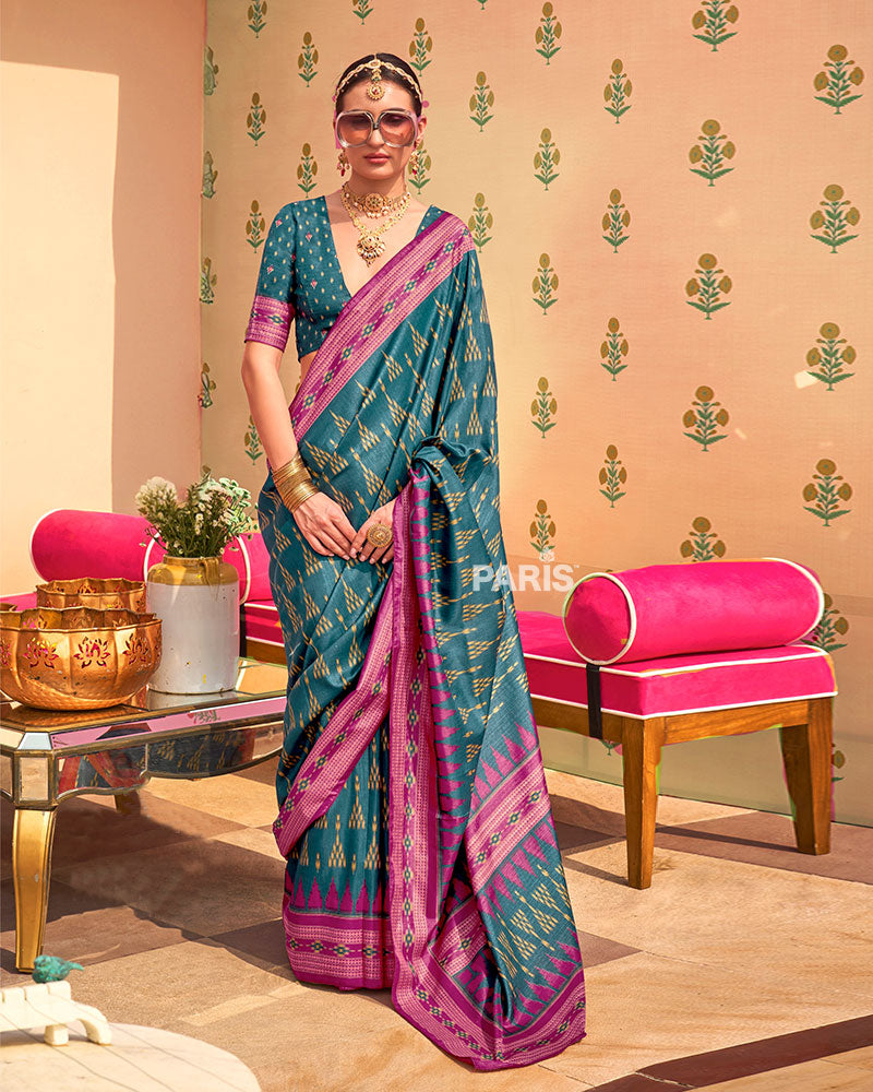 Deep Purple Silk Saree with Yellow Ikat Border