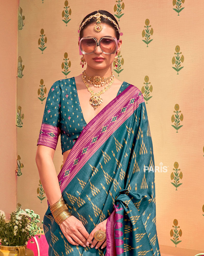 Deep Purple Silk Saree with Yellow Ikat Border
