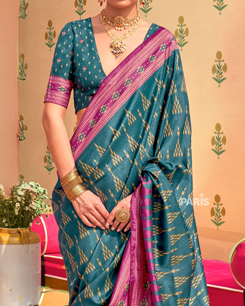Deep Purple Silk Saree with Yellow Ikat Border
